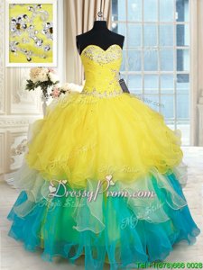 Comfortable Sweetheart Sleeveless 15 Quinceanera Dress Floor Length Beading and Ruffles Yellow Organza
