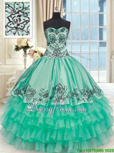 Fashion Turquoise Ball Gowns Embroidery and Ruffled Layers Sweet 16 Dress Lace Up Organza and Taffeta Sleeveless Floor Length