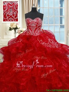 Discount Red Lace Up Sweetheart Beading and Ruffles Quinceanera Gowns Organza Sleeveless