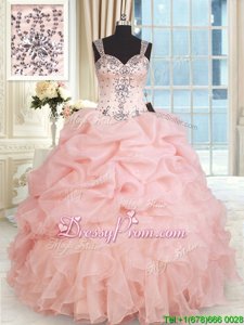 Straps Sleeveless Organza Quinceanera Gown Beading and Ruffles and Pick Ups Zipper