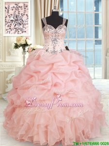Straps Sleeveless Organza Quinceanera Gown Beading and Ruffles and Pick Ups Zipper