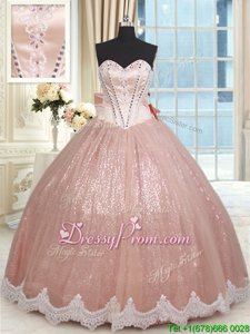 Cute Floor Length Peach Sweet 16 Dresses Sweetheart Sleeveless Lace Up