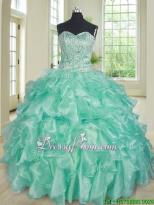 Pretty Apple Green Lace Up Quince Ball Gowns Beading and Ruffles Sleeveless Floor Length