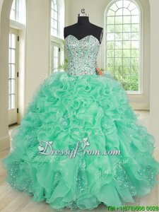 Suitable Sleeveless Organza and Sequined Floor Length Lace Up 15 Quinceanera Dress inTurquoise forSpring and Summer and Fall and Winter withBeading and Ruffles
