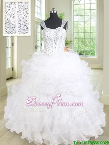 Glorious White Sleeveless Beading and Ruffles Floor Length Ball Gown Prom Dress