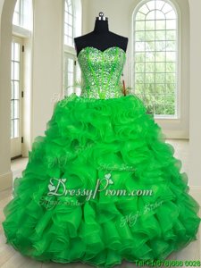 Inexpensive Green Sweetheart Neckline Beading and Ruffles Quinceanera Dress Sleeveless Lace Up