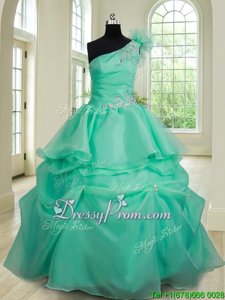 Designer Turquoise One Shoulder Lace Up Beading and Hand Made Flower 15 Quinceanera Dress Sleeveless