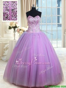 Modern Lavender Lace Up Sweetheart Beading 15th Birthday Dress Tulle Sleeveless