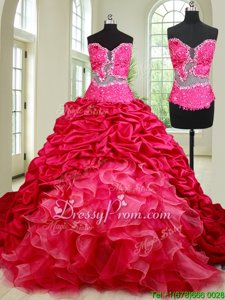 Clearance With Train Coral Red Sweet 16 Quinceanera Dress Organza and Taffeta Court Train Sleeveless Spring and Summer and Fall and Winter Beading and Ruffles and Pick Ups