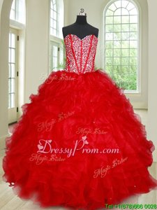 Edgy Floor Length Red Quinceanera Gown Organza Sleeveless Spring and Summer and Fall and Winter Beading and Ruffles