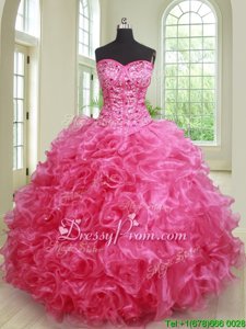 Fine Sleeveless Organza Floor Length Lace Up Sweet 16 Dress inHot Pink forSpring and Summer and Fall and Winter withBeading and Ruffles