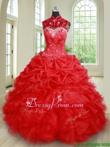Colorful Red High-neck Neckline Beading and Ruffles and Pick Ups Quinceanera Gowns Sleeveless Lace Up