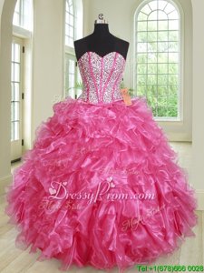 Flirting Hot Pink Organza Lace Up Sweet 16 Quinceanera Dress Sleeveless Floor Length Beading and Ruffles