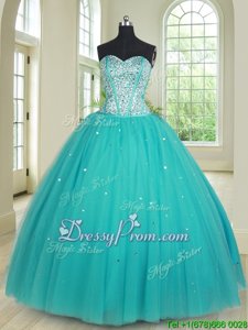 Comfortable Aqua Blue Tulle Lace Up Quinceanera Dress Sleeveless Floor Length Beading