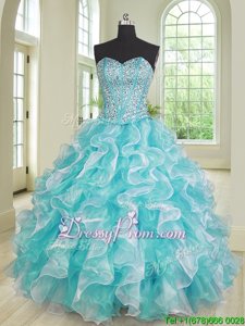 Luxury Sleeveless Floor Length Beading and Ruffles Lace Up Quinceanera Gowns with Blue And White