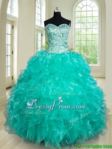 Exceptional Turquoise Organza Lace Up Sweetheart Sleeveless Floor Length Ball Gown Prom Dress Beading and Ruffles