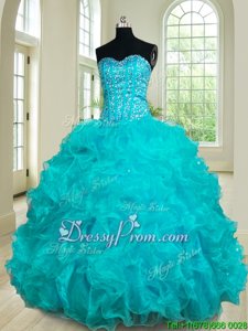 Beauteous Floor Length Lace Up 15th Birthday Dress Teal and In forMilitary Ball and Sweet 16 and Quinceanera withBeading and Ruffles