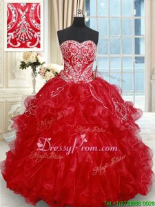 Hot Sale Beading and Embroidery and Ruffled Layers Quinceanera Gowns Red Lace Up Sleeveless Brush Train