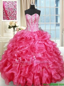 High Quality Hot Pink Ball Gowns Sweetheart Sleeveless Organza Floor Length Lace Up Beading and Ruffled Layers Sweet 16 Quinceanera Dress