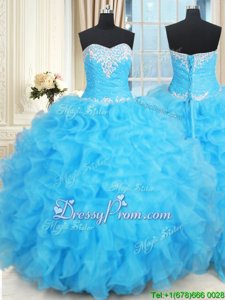 High Class Baby Blue Sleeveless Floor Length Beading and Ruffles and Ruffled Layers Lace Up Sweet 16 Dresses