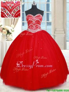Simple Sweetheart Sleeveless Sweet 16 Dresses Floor Length Beading Red Tulle