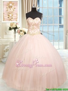 Chic Baby Pink Ball Gowns Sweetheart Sleeveless Satin and Tulle Floor Length Lace Up Beading and Embroidery Quinceanera Dresses