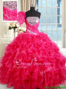 Excellent Organza Strapless Sleeveless Lace Up Sequins Quinceanera Dresses inHot Pink