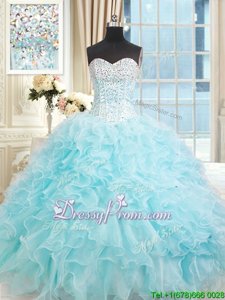 Chic Light Blue Ball Gowns Organza Sweetheart Sleeveless Ruffles Floor Length Lace Up Ball Gown Prom Dress