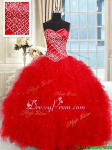 Best Red Lace Up Sweetheart Beading and Ruffled Layers Sweet 16 Quinceanera Dress Tulle Sleeveless
