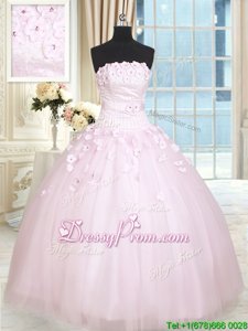 Latest Baby Pink Sweet 16 Quinceanera Dress Military Ball and Sweet 16 and Quinceanera and For withBeading and Appliques Strapless Sleeveless Lace Up