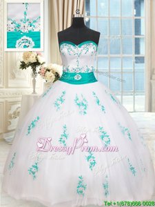 White Lace Up 15th Birthday Dress Beading and Appliques Sleeveless Floor Length