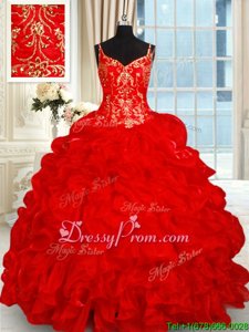 Amazing Sleeveless Brush Train Lace Up Beading and Ruffles and Pick Ups 15th Birthday Dress