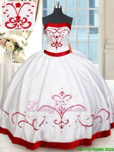 New Arrival Strapless Sleeveless Lace Up Sweet 16 Dress White and Red Satin