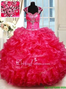 Ideal Floor Length Ball Gowns Cap Sleeves Hot Pink Quinceanera Dress Backless