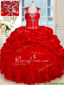 Pretty Cap Sleeves Organza and Taffeta Floor Length Backless Sweet 16 Dresses inRed forSpring and Summer and Fall and Winter withRuffles and Pick Ups