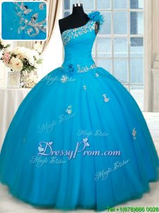 Cute Baby Blue Ball Gowns Beading and Appliques and Hand Made Flower 15th Birthday Dress Zipper Tulle Sleeveless Floor Length