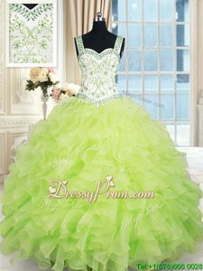 Yellow Green Straps Lace Up Beading and Ruffles Quince Ball Gowns Sleeveless