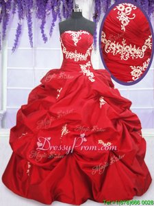 Ball Gowns Sweet 16 Dresses Red Strapless Taffeta Sleeveless Floor Length Lace Up