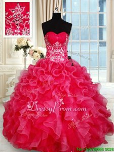 Ball Gowns Quinceanera Gown Red Sweetheart Organza Sleeveless Floor Length Lace Up