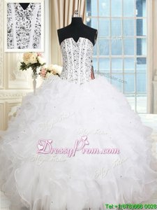 Low Price Floor Length White Quince Ball Gowns Organza Sleeveless Spring and Summer and Fall and Winter Beading and Ruffles