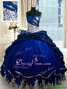 Royal Blue Taffeta Lace Up Sweetheart Sleeveless 15th Birthday Dress Court Train Appliques and Pick Ups