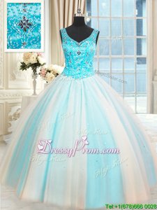 Affordable Sleeveless Tulle Floor Length Lace Up Quinceanera Gown inWhite and Blue forSpring and Summer and Fall and Winter withBeading