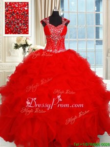 Fantastic Red Cap Sleeves Beading and Ruffles Floor Length Quinceanera Gowns
