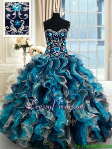 Most Popular Multi-color Lace Up Ball Gown Prom Dress Beading and Embroidery and Ruffles Sleeveless Brush Train