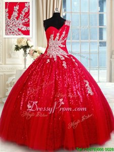 Designer Red Tulle Lace Up One Shoulder Sleeveless Floor Length Sweet 16 Dress Beading and Appliques