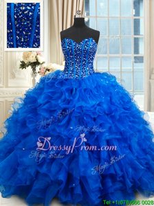 Enchanting Beading and Ruffles Sweet 16 Dress Royal Blue Lace Up Sleeveless Floor Length