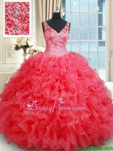 Custom Fit Sleeveless Floor Length Beading and Ruffles Backless Sweet 16 Dress with Coral Red