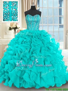 Stunning Organza Sweetheart Sleeveless Brush Train Lace Up Beading and Ruffles 15th Birthday Dress inAqua Blue