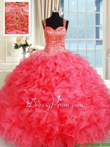Extravagant Beading and Ruffles Quinceanera Gowns Coral Red Lace Up Sleeveless Floor Length