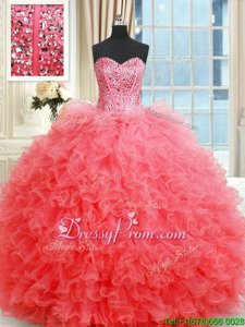 Fabulous Coral Red Sleeveless Organza Lace Up Quinceanera Dress forMilitary Ball and Sweet 16 and Quinceanera